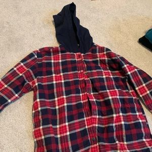 red and blue flannel with hood